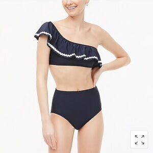 J Crew ruffle Rickrack‎ one-shoulder bikini top Navy Blue and White AK510